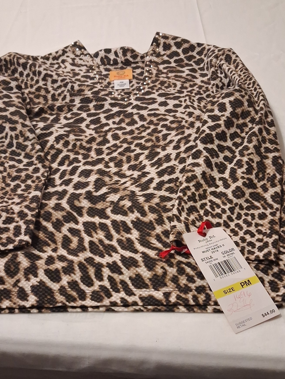 Ruby Rd. Studded Leopard Print V-Neck Top - Brown, Black, Cream